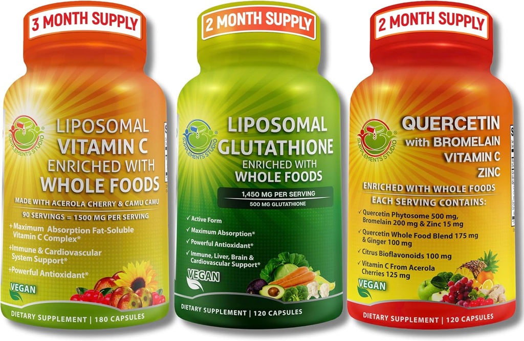 Komplett växtbaserad antioxidant & Immune Support Bundle - Liposomal Vitamin C 1500mg + Liposomal Glutathione 500mg + Quercetin med Bromelain, Zink & Vitamin C - Vegan, Förbättrad Absorption Formel