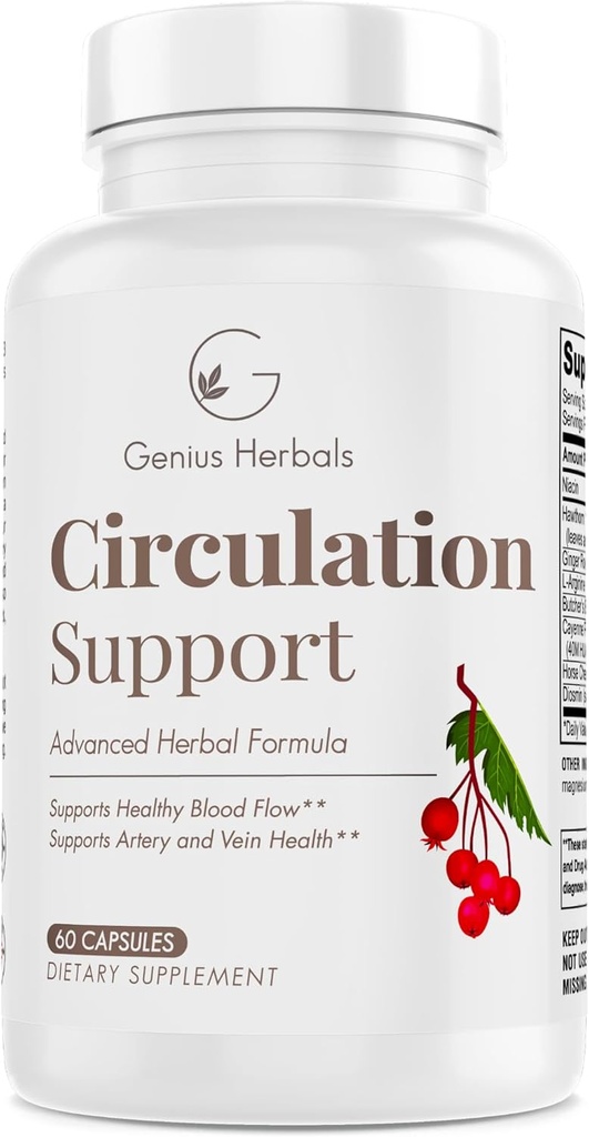 Cirkulationsstöd - med Hawthorn, Butchers Broom, L-Arginine, Varicose Veins Support - 60 kapslar