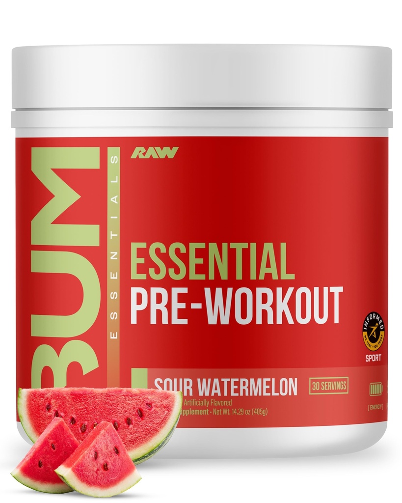 RAW Essential Pre-Workout Powder (Sour Watermelon) - Chris Bumstead Sports Nutrition Supplement for Men & Women - Preworkout Energy Powder with Caffeine, L-Citrulline, L-Tyrosine, & Beta Alanine Blend