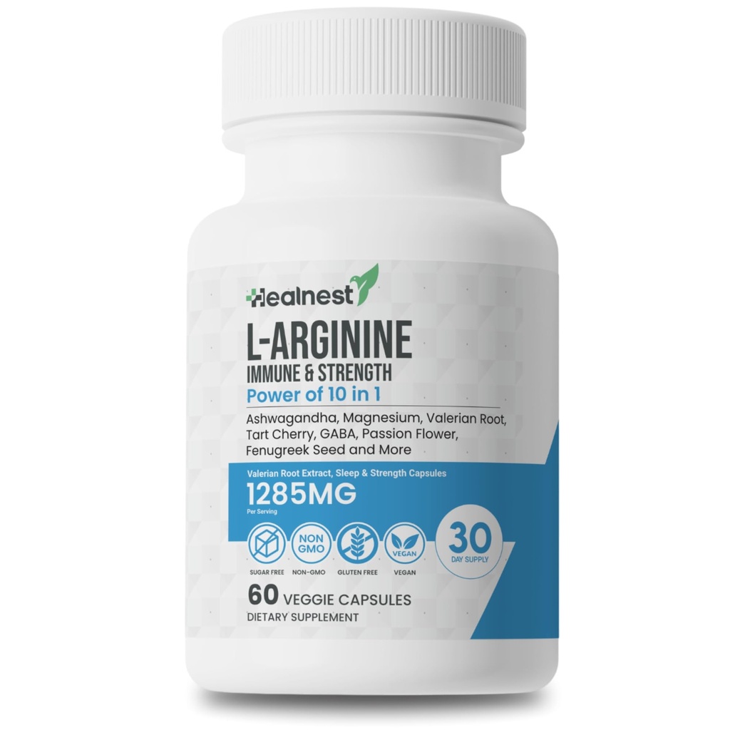 L-argininkapslar - 1285MG Blandning av Ashwagandha, L-Theanine, Magnesium, GABA, Zink & Tart Cherry - Muscle Recovery, Stress Relief, Mood Support - Non-GMO, 60 Veggie kapslar för män och kvinnor