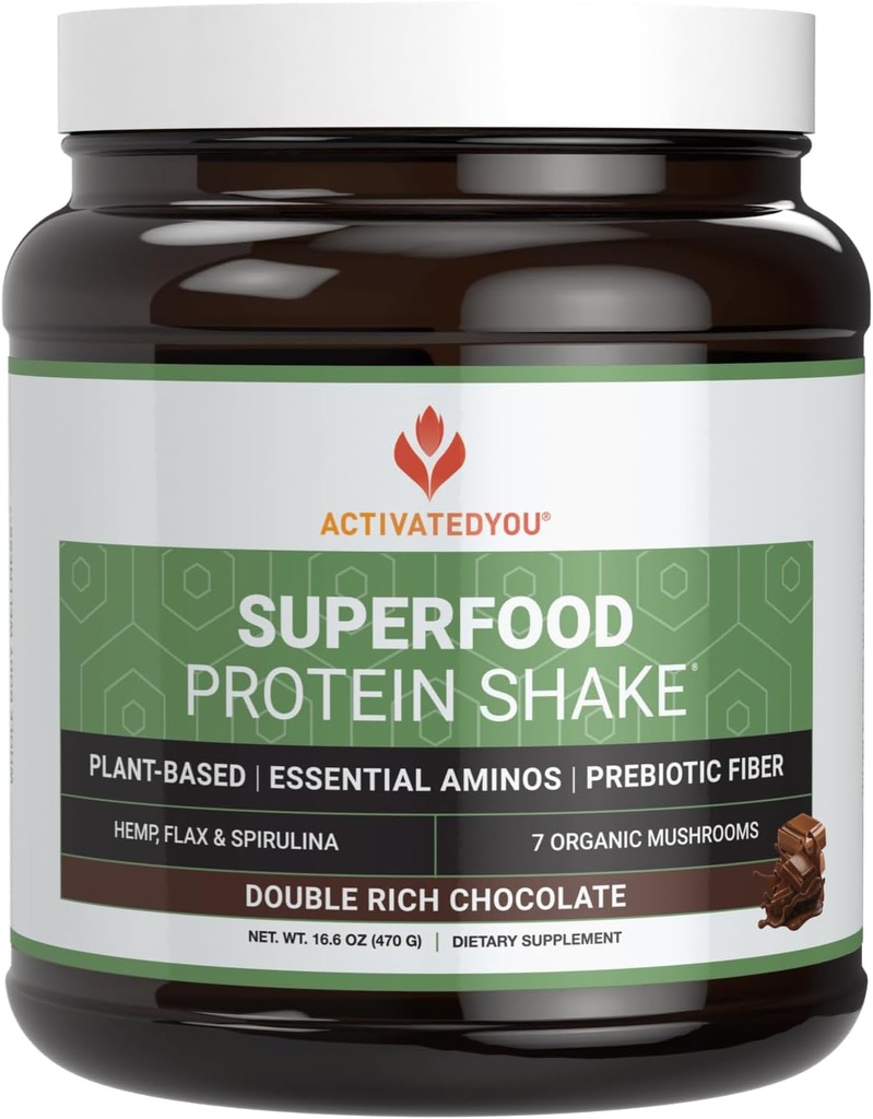 ACTIVATEDYOU Superfood Protein Shake -Vegan Plant Protein Powder - with Organic 7 Mushroom Blend, Spirulina, and GoldRella Chlorella - Promotes Muscle Integrity, Chocolate Flavor (15 Servings)