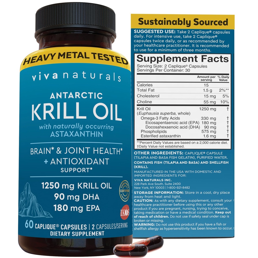 Viva Naturals Antarctic Krill Oil Omega 3 Supplements 1250 mg - DHA EPA Omega-3 & Astaxanthin Koncentration för gemensam hälsa, No Fish Burp - 60 Krill Oil Capsules