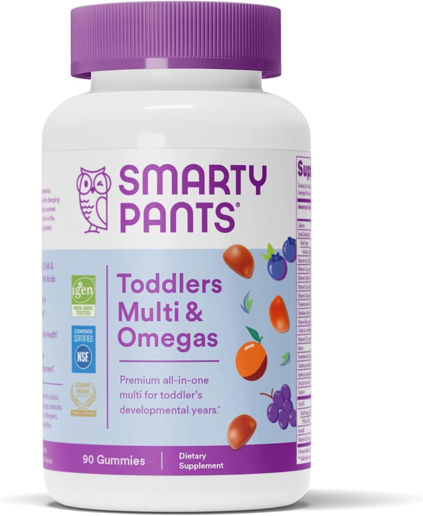 SmartyPants Toddler Multivitamin Gummies: Omega 3 Fish Oil (EPA / DHA), Vitamin D3, C, Vitamin B12, B6, A, K & Zink, Biotin, Beta Carotene, Gluten Free, Three Fruit Flavors, 90 Count (30 Day Supply)