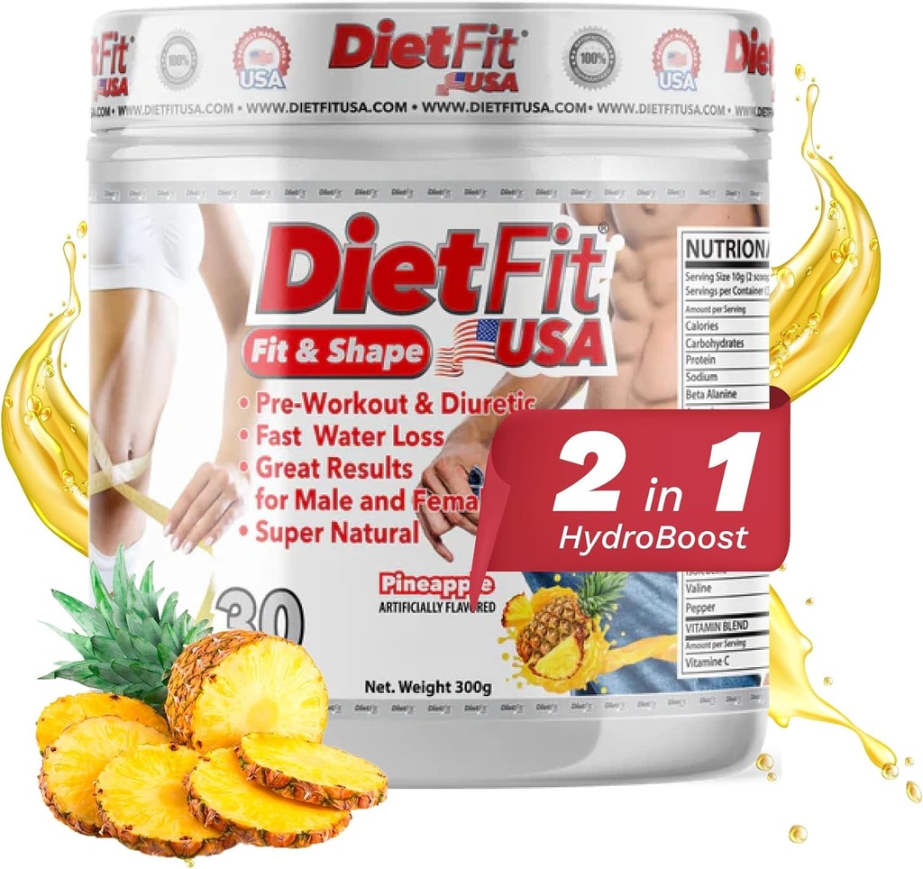DIETFIT | Pre-Workout och Diuretic 300 Grams | Hydroboost 2-i-1 | Pre-Workout & Diuretic | Intense Energy | Pineapple smak | 30 portioner | Fitness Supplements