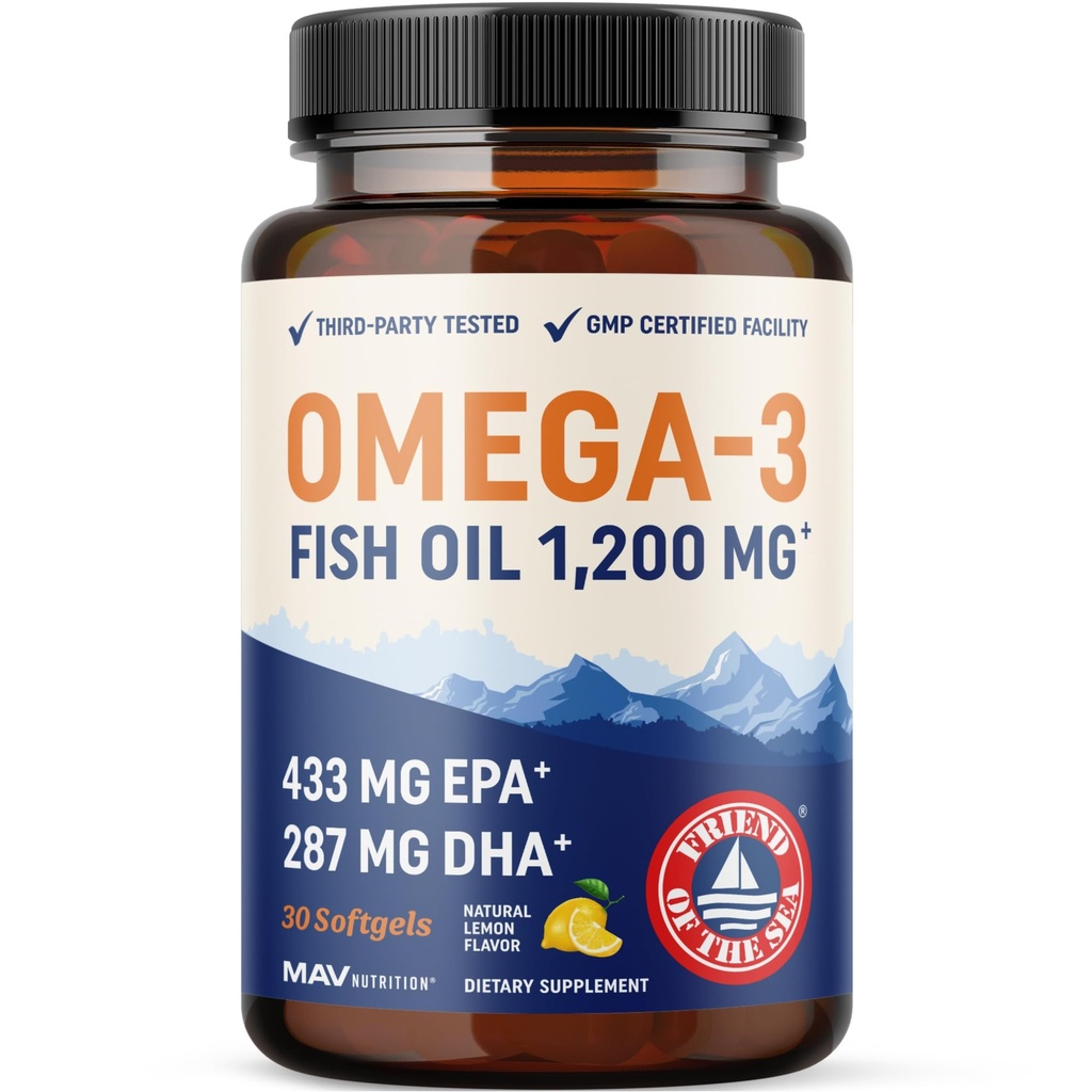 Triple Strength Omega 3 Fish Oil 1200 mg | EPA & DHA | Wild Caught, Sustainably Sourced Omega-3 Fatty Acids | Premium Burpless Fish Oil Supplements | Non-GMO, Tredjepartstestade | 30 Softgels