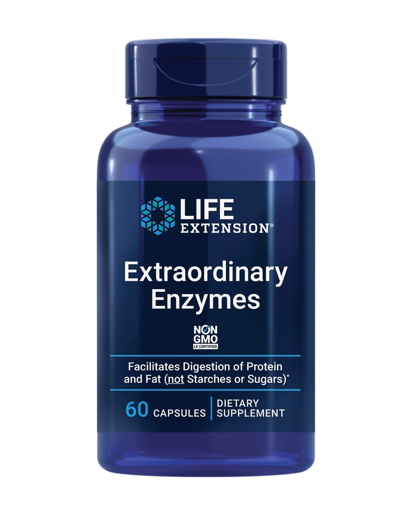 Life Extension Extraordinary Enzymes, Digestive Health Support, Nutrient Absorption, Digestive Enzymes, Non-GMO, 60 Capsules