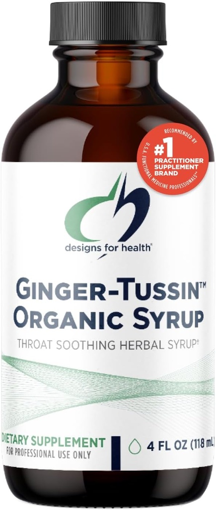 Designs for Health Ginger Root Syrup med Honey + Wild Cherry Bark - Ginger-Tussin Syrup Liquid Immune Support Supplement - Designad för att hjälpa lugna halsen (47 portioner / 4 Fl Oz)