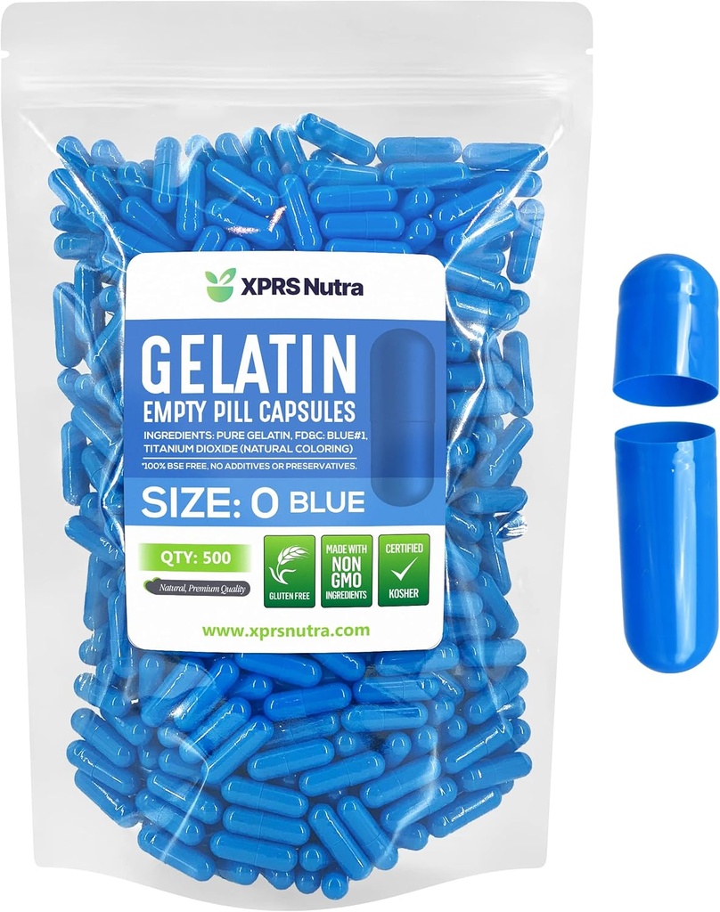 XPRS Nutra Size 0 Empty Capsules - 500 greve Empty Gelatin Capsules - Pills DIY Capsule Filling - Pure Bovine Pill Gel Caps for Do-It-Yourself Supplements (Blue)