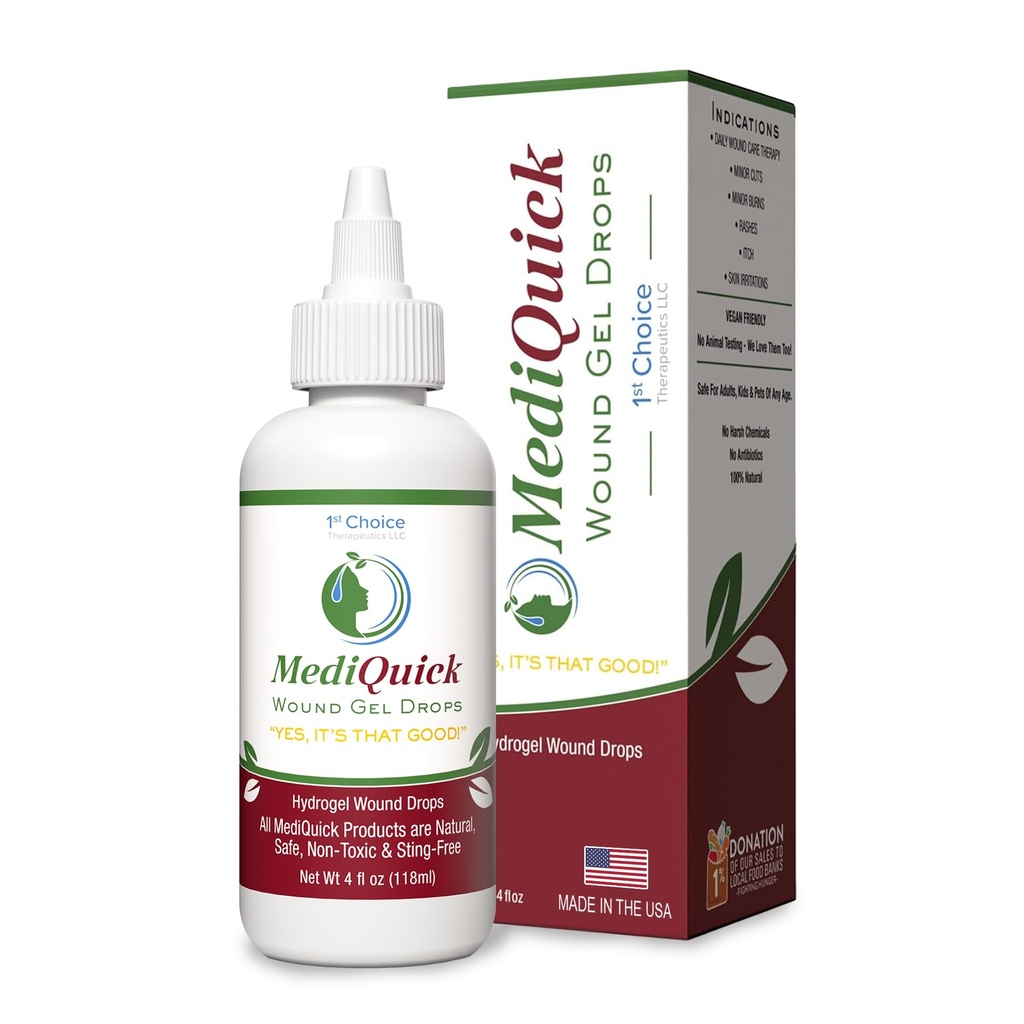 MediQuick Skin & Wound Care Hydrogel Drops - Snabbläkning Första Hjälpen Drops med 12 timmar Åtgärder för att läka skär, Brännor, Inflammation, Rash, Itch, Eczema & Mer - Säkert Sår Tvätta med No-Sting - 4 Fl Oz