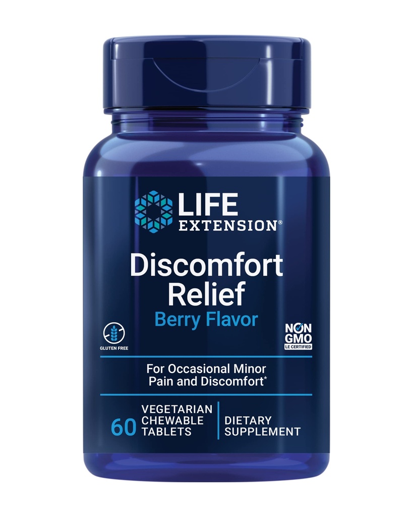 Life Extension Pea Discomfort Relief (Berry Flavor) for Occasional Minor Pain & Discomfort – Palmitoylethanolamide Supplement - Gluten-Free, Non-GMO, Vegetarian – 60 Chewable Tablets