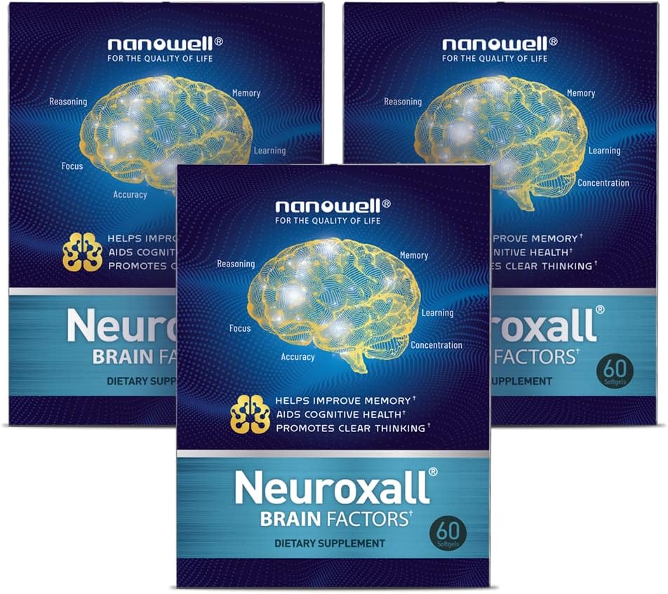 NANOWELL Neuroxall Hälsotillskott för förbättrad kognitiv funktion och mental klarhet, Astaxanthin, Ginkgo Biloba Extract, Antioxidant - 60 Softgels X 3 Boxar för 3 månader (180 greve)