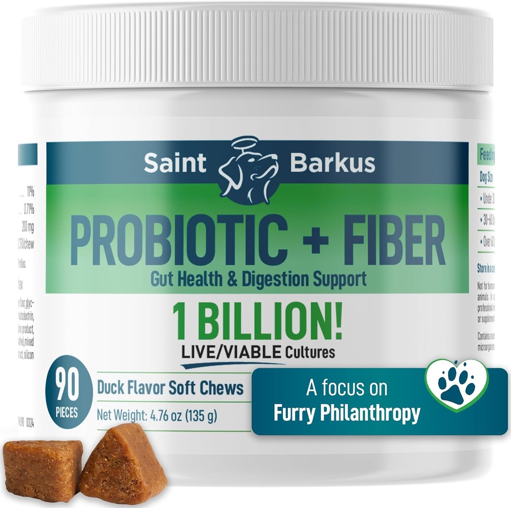 Probiotisk + Fiber Regularity & Digestive Health. Probiotiska tillskott för hundar för tarmhälsa, regelbundenhet, upprörd mage, gas, jäst. Ge tillbaka till No-Kill Shelters! 90 räkning