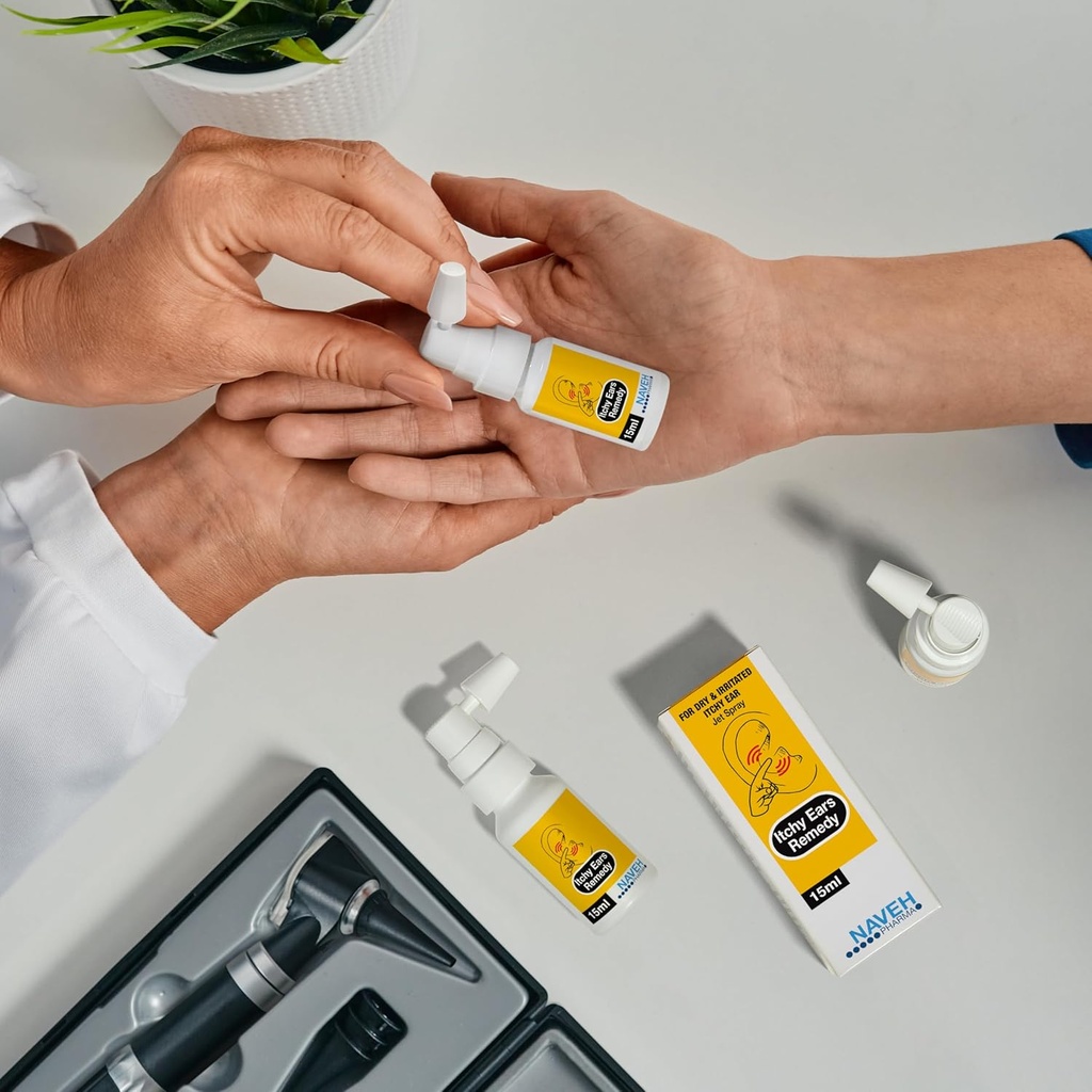 NAVEH PHARMA Itchy Ears Remedy Ear Cleaning och Itch Relief | Behandlar alla orsaker till Ear Itchiness | Jet Spray för Eczema Behandling & Clogged Ear Relief (1 Fl Oz + 0,5 Fl Oz)