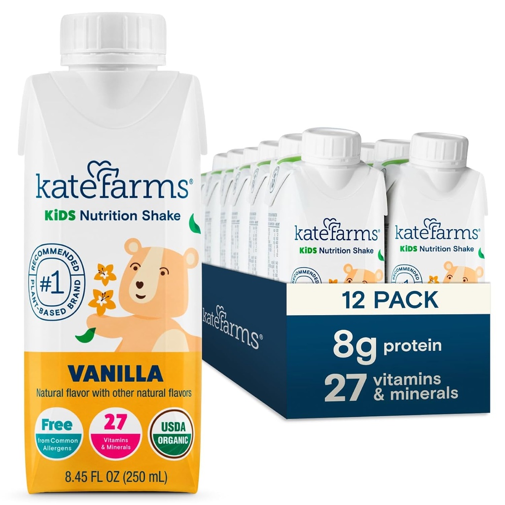 KATE FARMS Organic Kids Nutrition Shake, Vanilla, 8g protein, 27 Vitaminer och mineraler, Meal Replacement Drink, Protein Shake, Gluten Free, Non-GMO, 8.45 Fl oz (Pack of 12)