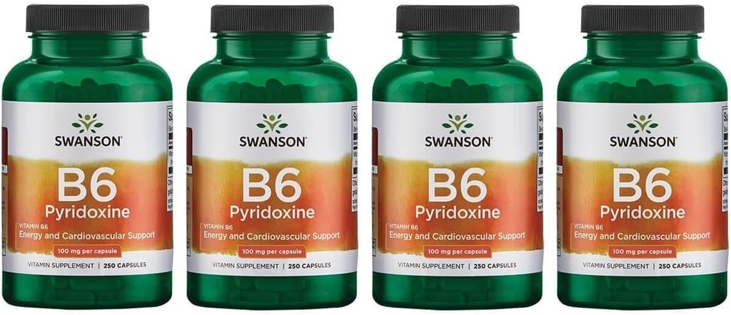 Swanson B6 Pyridoxin - Vitamin Supplement främja kardiovaskulär hälsa och energimetabolism - naturlig formel främjar övergripande välbefinnande - (250 kapslar, 100 mg vardera) (4 Pack)