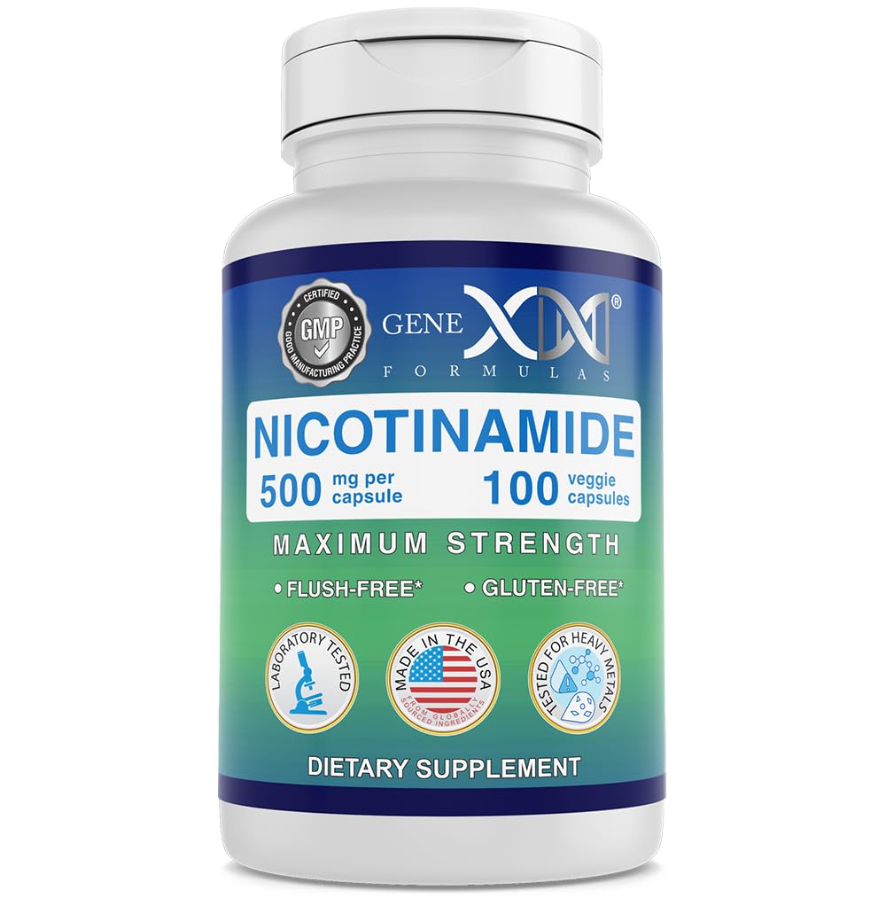 Genex Formulas - Nicotinamide 500mg Vitamin B3 Flush Free Niacin Capsules for Healthy Skin - Niacinamide Supplement Pills hjälper till att producera Keratin & Support Skin Cell Health & Energy - (100 kapslar)