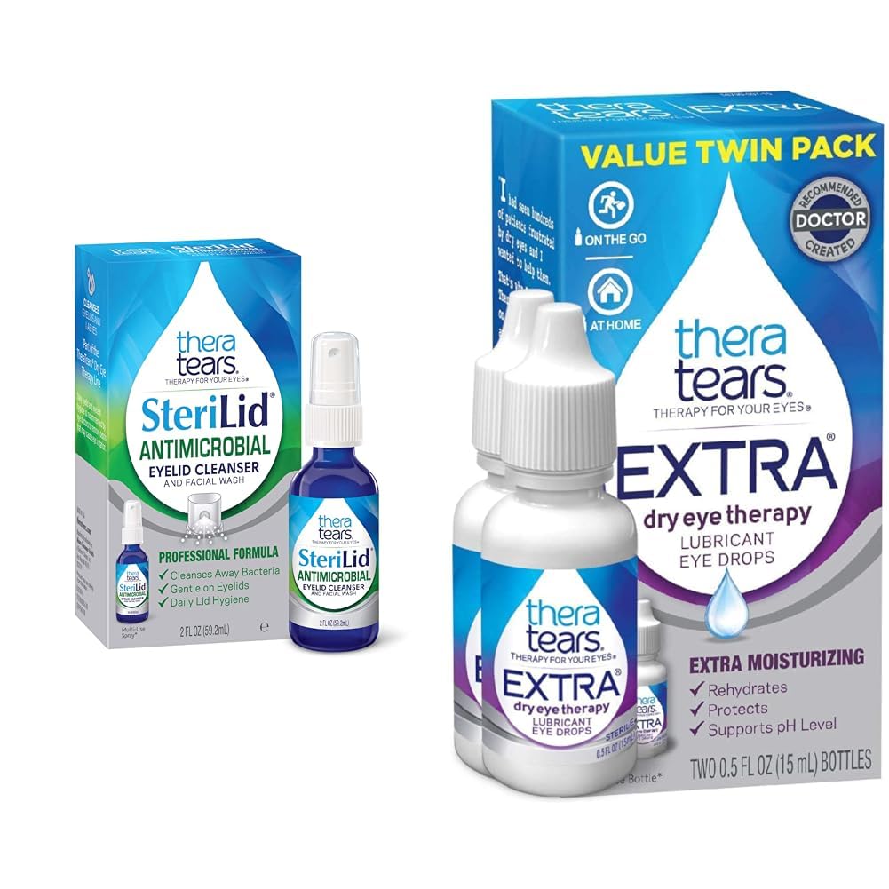 TheraTears Extra Dry Eye Therapy Lubricating Eye Drops för torra ögon, 0,5 fl oz Bottle, 2 Count & SteriLid Eyelid Cleanser och Face Wash, för irriterade ögon, 2 fl oz Spray