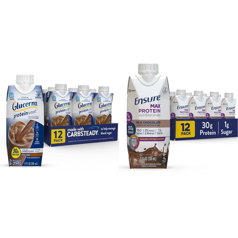 Glucerna Protein Smart Nutritional Shake & Ensure Max Protein Nutrition Shake with 30g of Protein, 1g of Sugar, High Protein Shake, Milk Chocolate, 11 Fl Oz (Pack of 12), Liquid, Halal