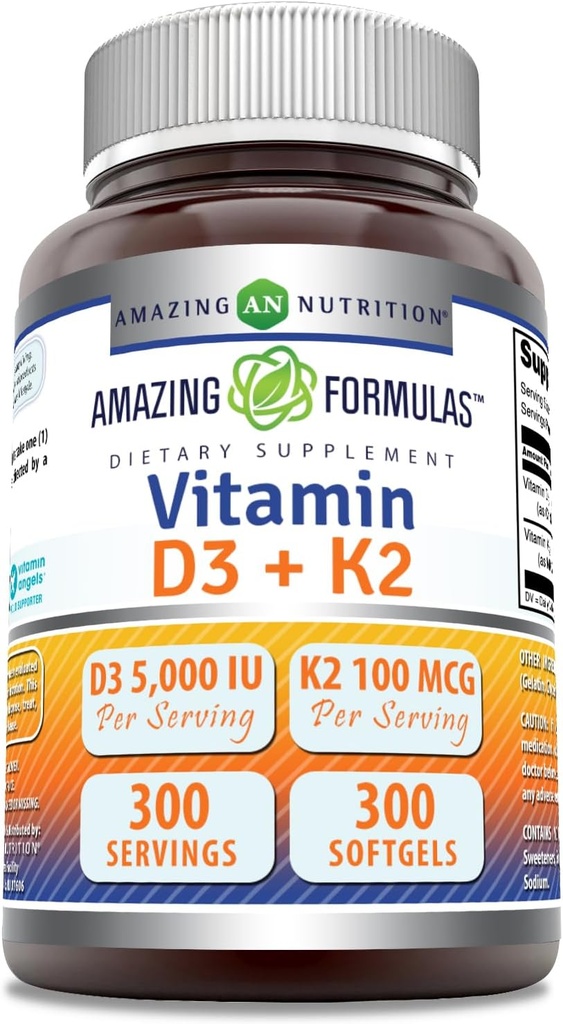 Fantastiska formler Vitamin D3 5000 IE med vitamin K2 100 Mcg | D3 + K2 Komplex Supplement | Softgels | Non-GMO | Gluten-Free | Made in USA (1 Pack, 300 Count)