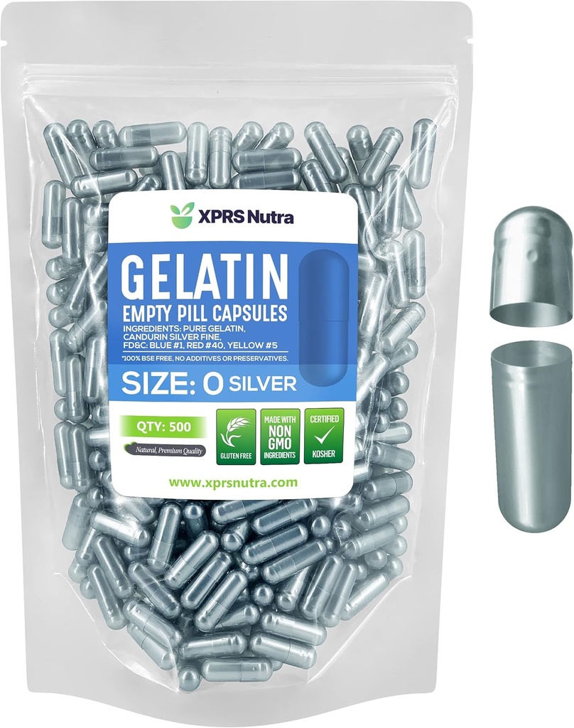 XPRS Nutra Size 0 Empty Capsules - 500 greve Empty Gelatin Capsules - Pills DIY Capsule Filling - Pure Bovine Pill Gel Caps for Do-It-Yourself Supplements (Silver)