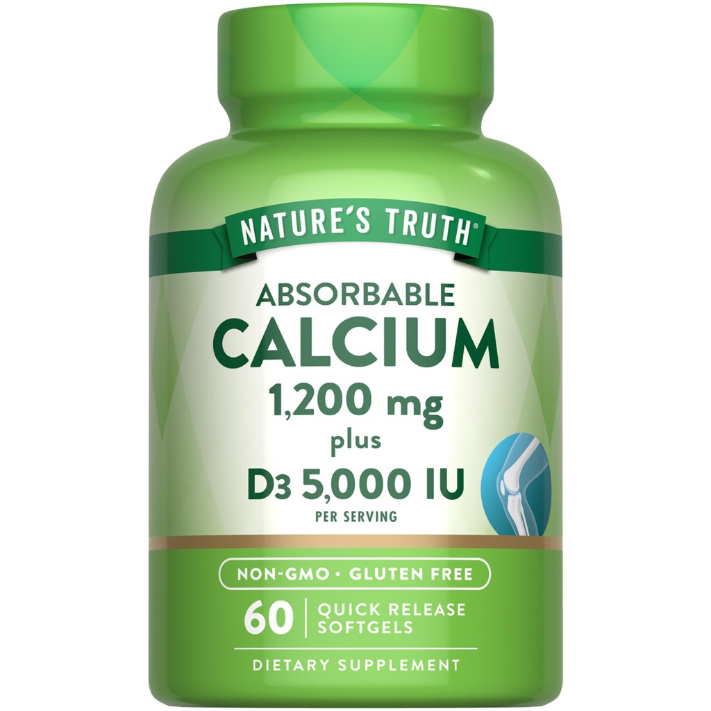 Naturens Sanning Kalcium 1200mg med vitamin D3 5000 IE | 60 Softgels | från Calcium Carbonate | Non-GMO & Gluten Free Supplement