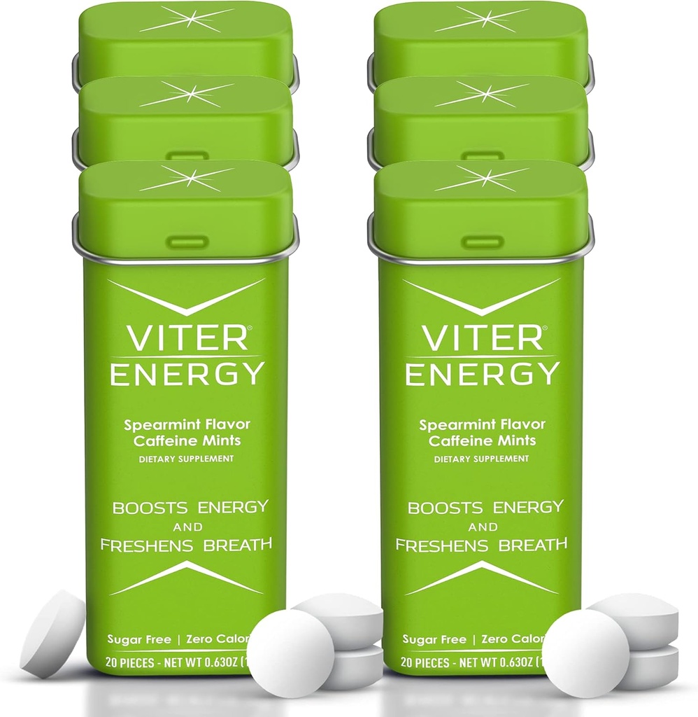 Viter Energy 40mg Koffein Mints - Sugar Free, B Vitaminer, Vegan, ökar snabbt Energized Alert Focus, koffeinerade Nootropic Supplement Pills (Spearmint Flavor, 20pcs, 6 Pack, 120pcs Total)