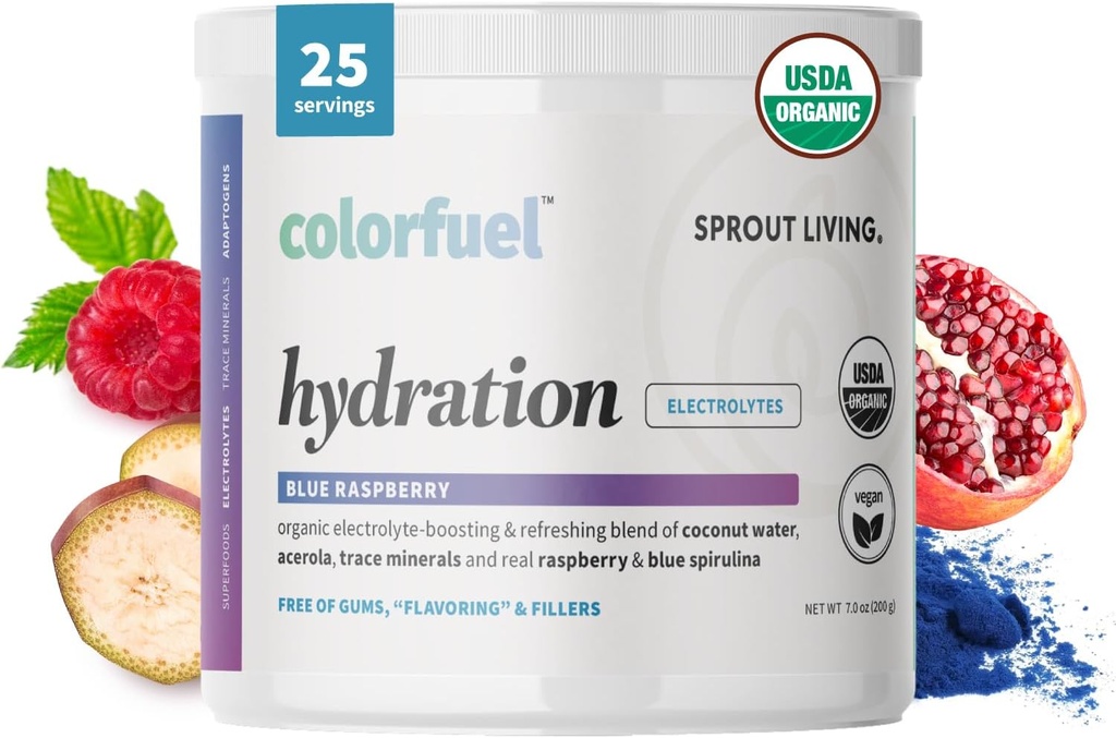 Sprout Living, Colorfuel Hydration Powder Drink Mix, Organic Superfoods + Adaptogens | Hydration & Recovery, Electrolytes, Himalayan Pink Salt, Blue Spirulina, Blue Raspberry Flavor (25 portioner)