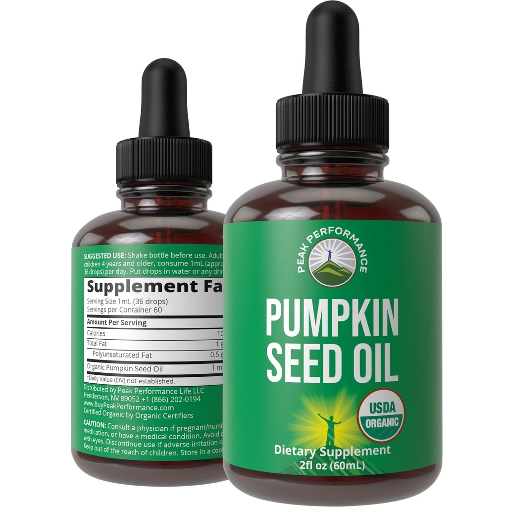 Pumpkin Seed Oil. USDA Organic Vegan Liquid Drops Extract för kvinnor och män. Supplement för hårväxt, hudhälsa, UT, Prostate Support. Zero Sugar, Gluten Free. Ta oralt inga kapslar