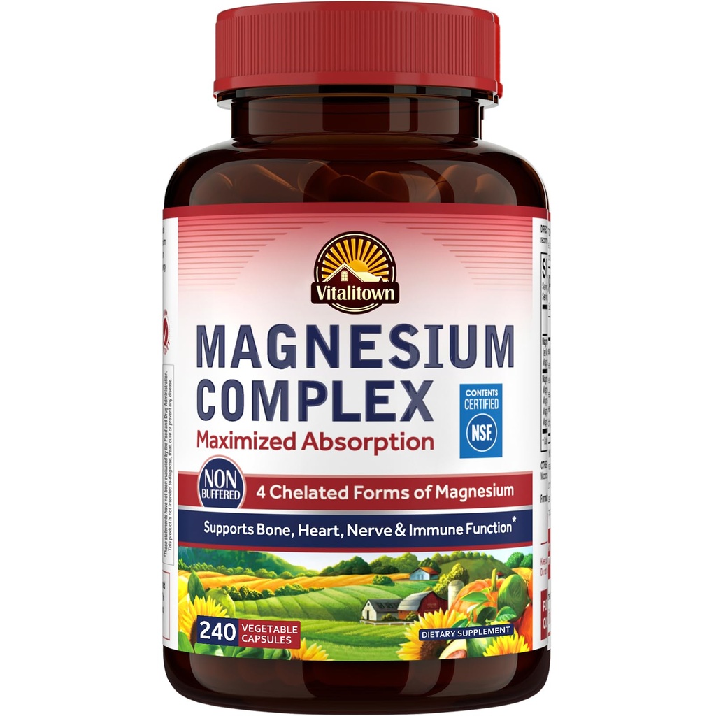 Vitalitown Magnesium Complex Supplement 500mg, Maximized Absorption, NSF Certified Chelated Magnesium Glycinate, Malate, Taurate & Citrate för sömn, energi och hjärta, Vegan, icke-GMO 240 Caps