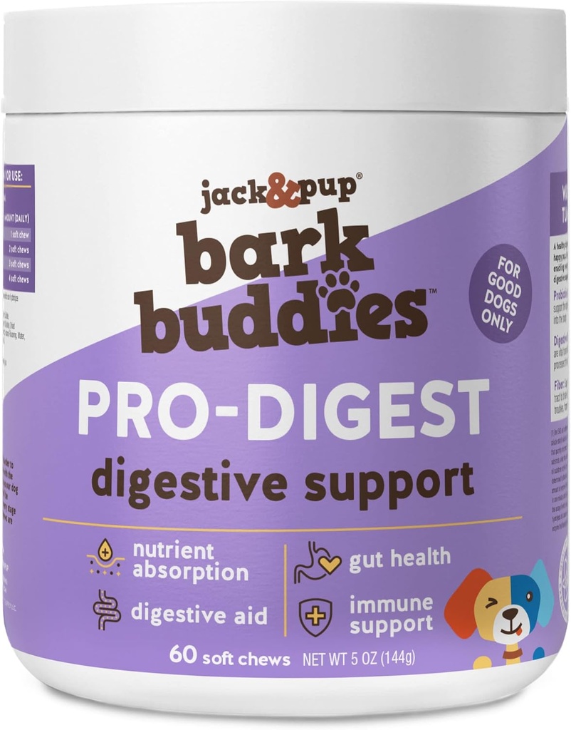 Jack&Pup Probiotic Chews for Dogs - Dog Probiotic Chews Small and Medium - Pro-Digest Bark Buddies (Up to 40 lbs) Puppy Probiotic Dog Chews, Pet Probiotics for Dogs - Probiotics for Puppies (60ct)