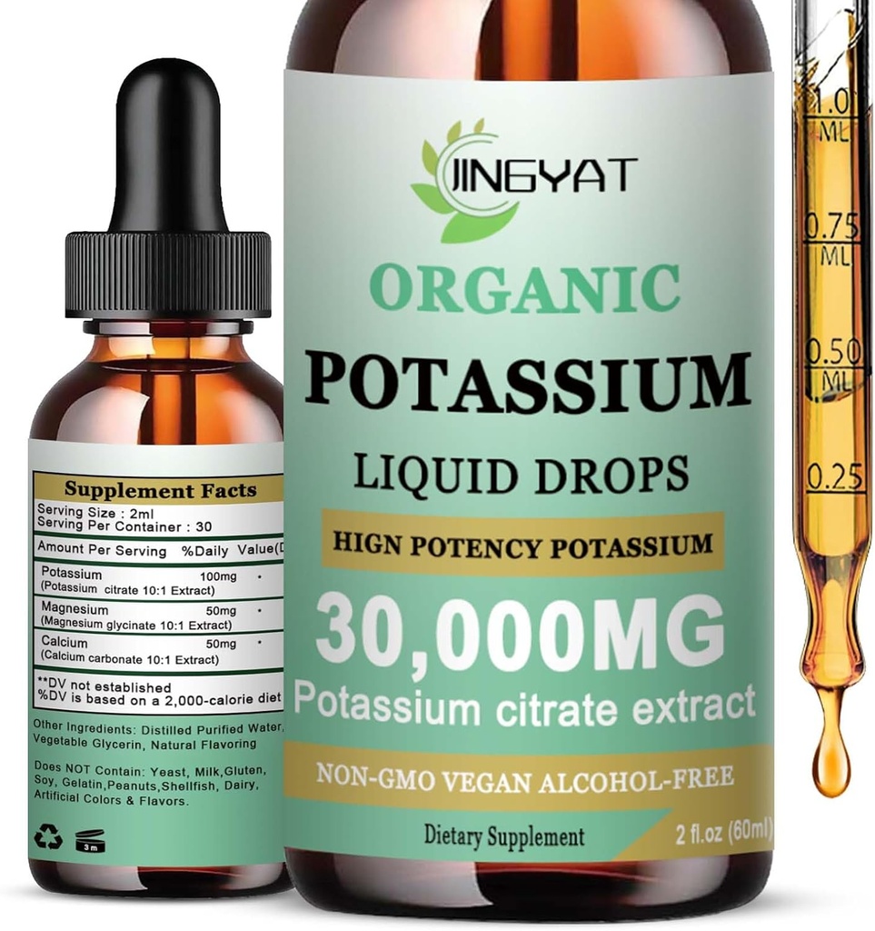 Kalium Magnesium Liquid Drops - Organiskt Liquid Supplement - High Absorption Potassium Citrate 1000mg Magnesium Glycinate 500mg Calcium för hjärta, Leg Cramps & Muscle - Non-GMO, Vegan, 2 oz