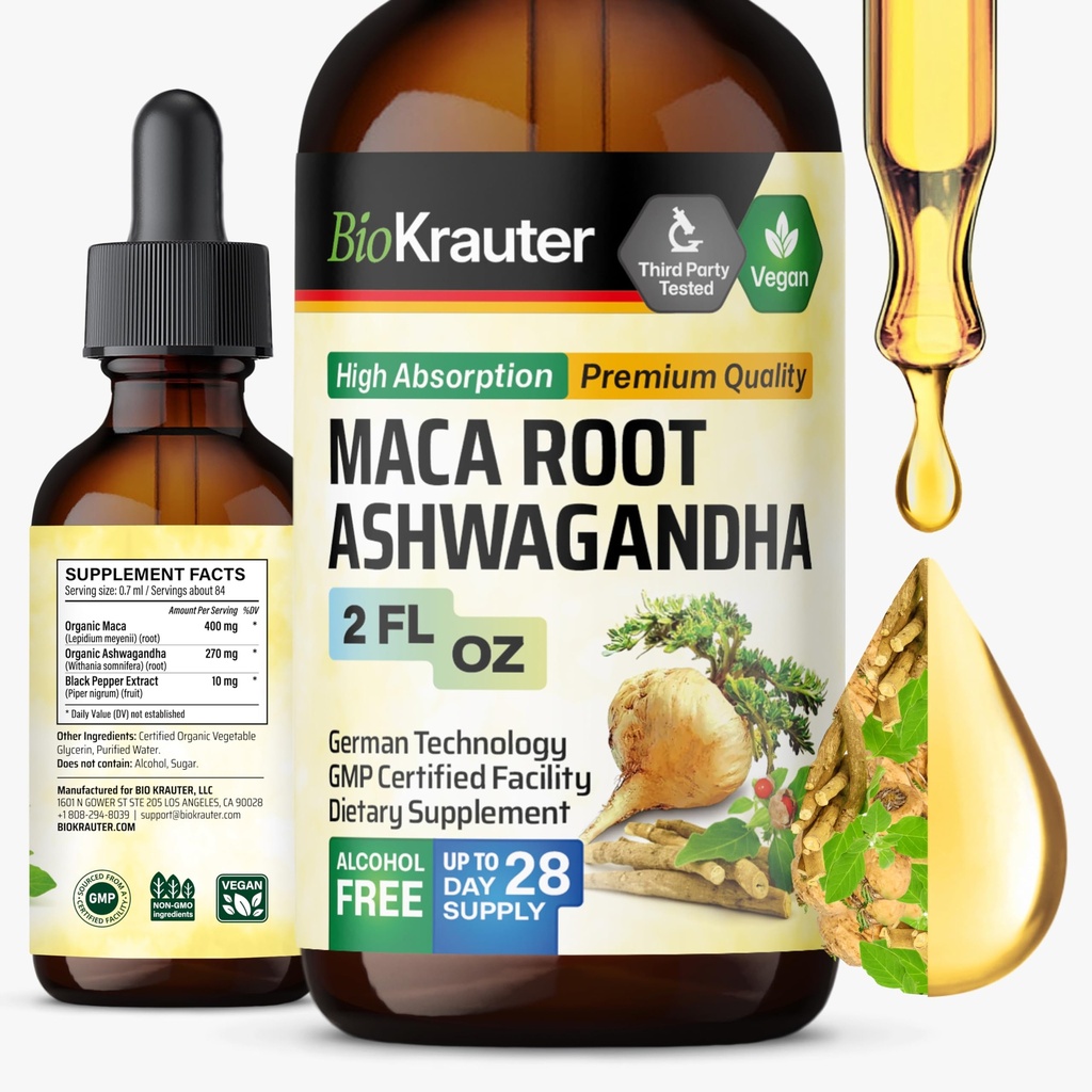 BIO KRAUTER Maca Root och Ashwagandha Tincture - Maca & Ashwagandha Supplements for Men & Women - Liquid Supplement for Mood Support - Alkohol och Sugar Free - Vegan Drops 2 Fl.Oz.