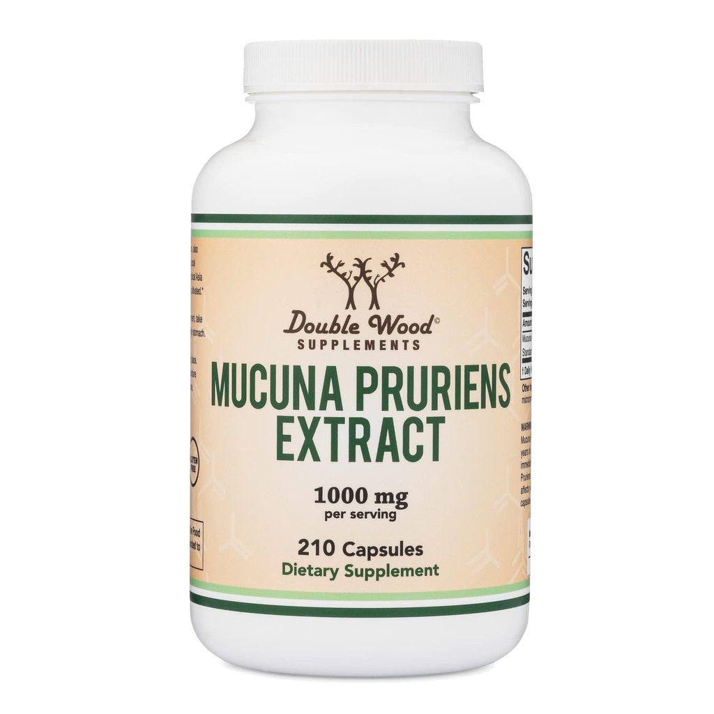 Mucuna Pruriens Extract Capsules - Dopamin Boosting Supplement - 210 Count, 1000mg Per Serving, 20% (från Velvet Bean) (för Mood and Motivation Support) Tredje part testad av Double Wood