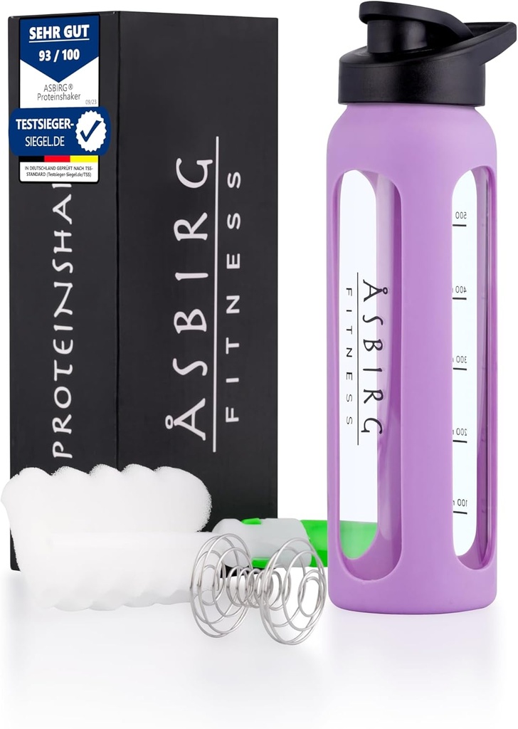 Fitness | 24 oz Glass Protein Shaker Bottle - BPA-Free, Leakproof Lid, Stainless Steel Mixing Ball & Silicone Sleeve - Gym Shaker för Smoothies, Shakes & Pre-Workout - Pastel Purple