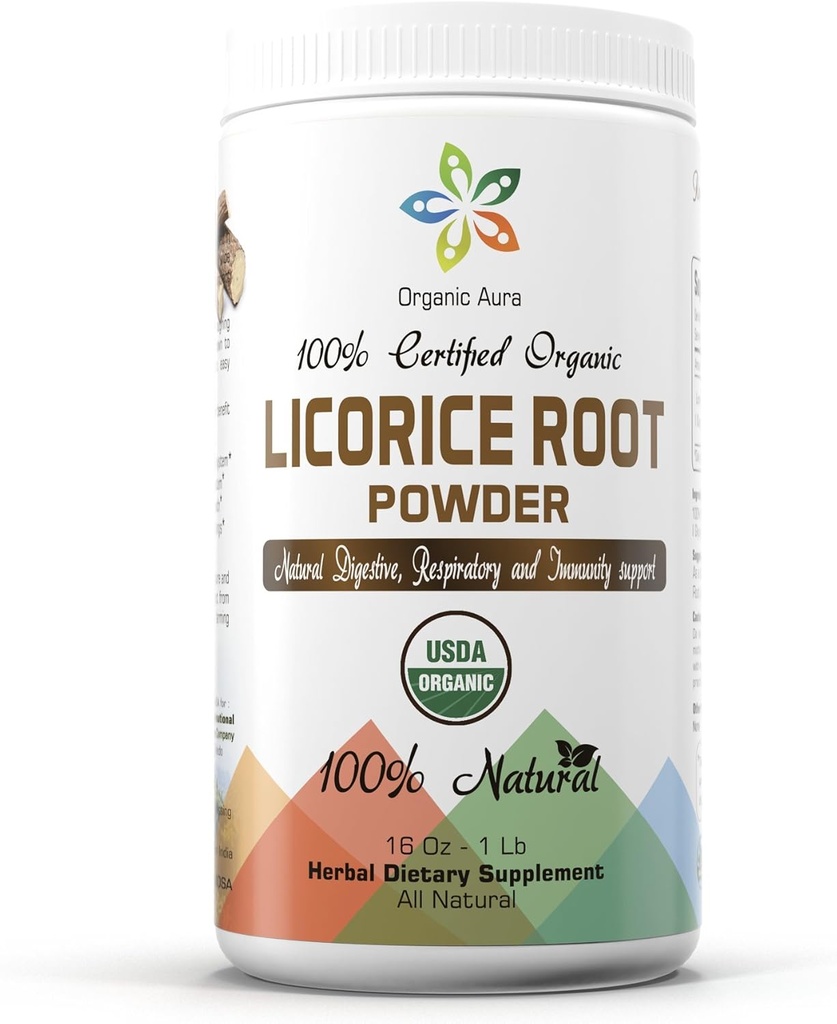 Organic Aura Licorice Root Powder 16Oz -1Lb. Natural Digestive and Immune Support. Enhances Overall Health. 100% Natural and Raw Superfood Supplement. No GMO. Gluten Free.