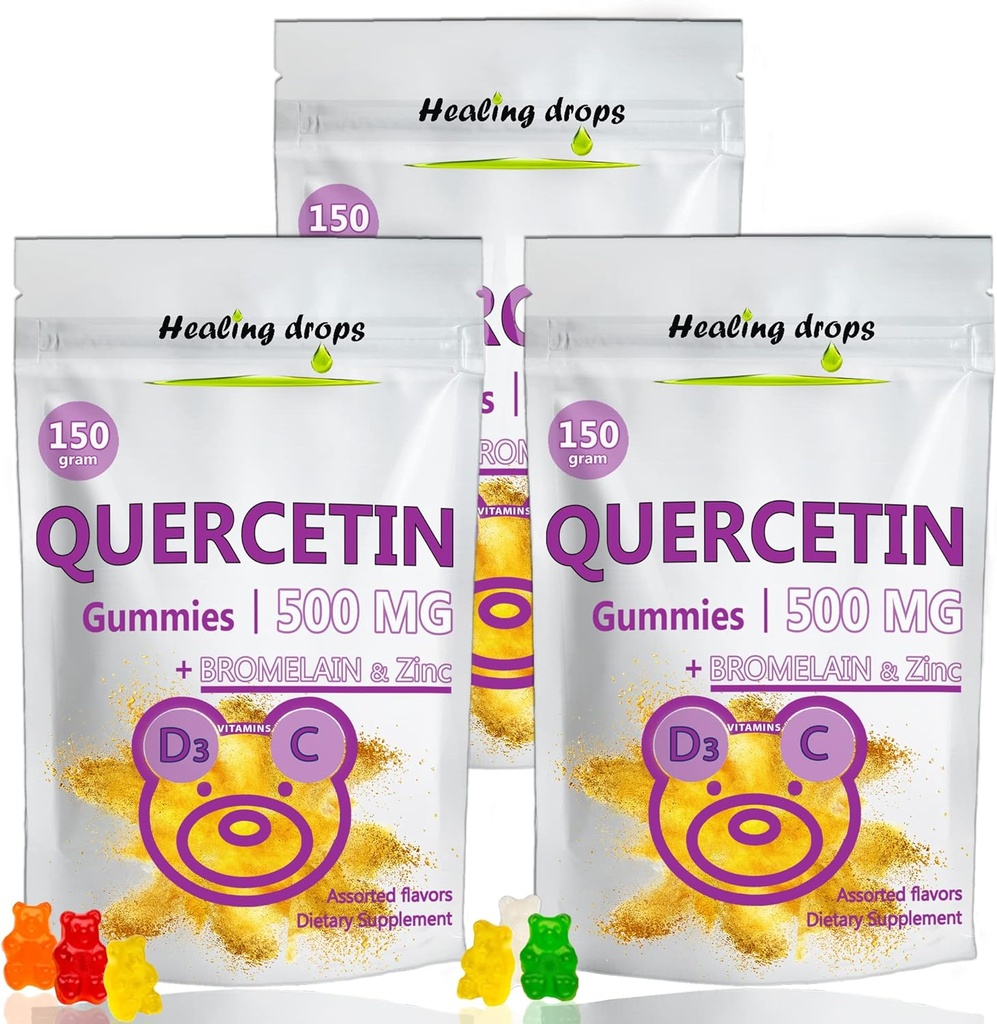 Quercetin med Bromelain Gummies - Vitamin C + Zink + Vitamin D3 - Quercetin 500mg Gummies för barn och vuxna (3 paket)