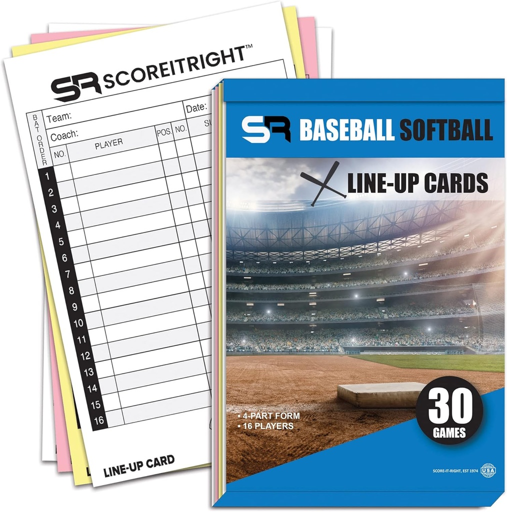 Baseball/Softball Lineup Cards – 16 Player Book Format Lineup-kort för 30 spel – Flipbook Carbon Copy 4 Part Form – Time Saving och Practical Baseball Coaching Tillbehör