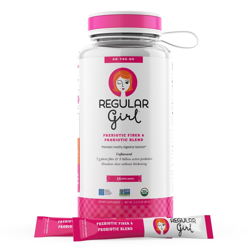 Regelbunden Girl Organic Powder, Starter Kit, Prebiotic Fiber Supplement och Probiotics for Women, 15 Individual Packets & Bottle, Unflavored, 15 Servings