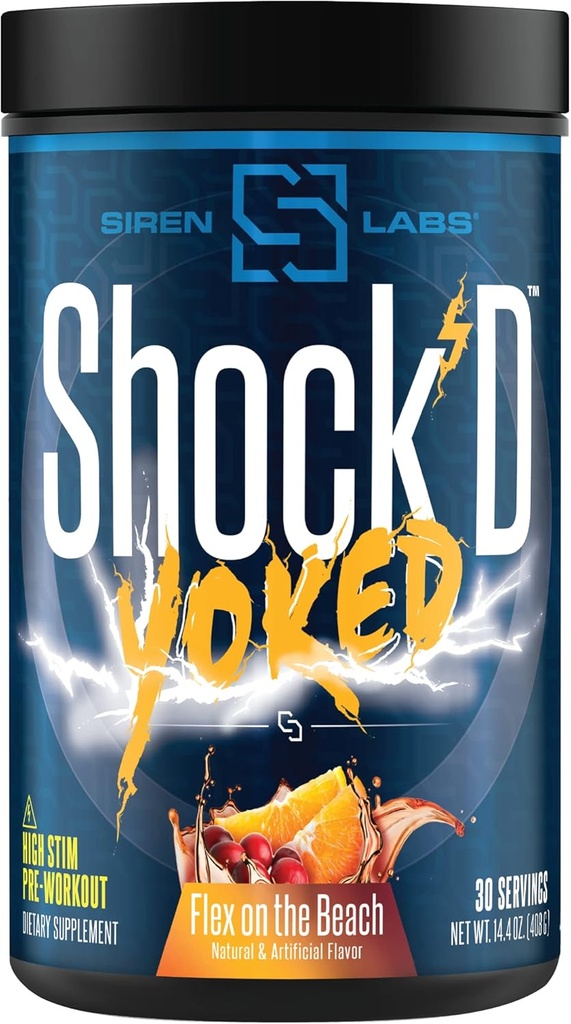 Shock'D Yoked High Stim Pre-Workout - Koffein, Taurin, Citrulline Malate, Agmatin, Betaine Anhydrous-High Energy & Powerful Muscle Pumps-Nitric Oxide-Flex på stranden (30 portioner)