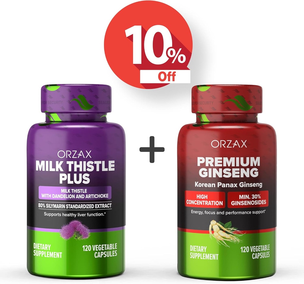 ORZAX Milk Thistle Plus 120 Vegatable Capsules och Premium Ginseng 120 Vegatable Capsules, Bundle