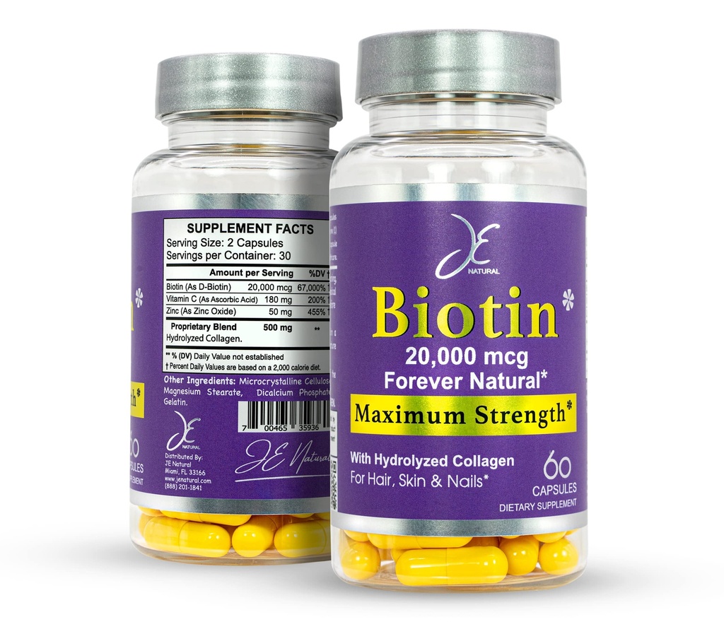 JE Natural Biotin Hair Skin and Nails Vitamins, Vitamin C, Biotin and Collagen Supplements That Make Hair Grow Faster and Longer, for All Ages, 60 Capsules of Biotin 20000mcg Maximum Strength.
