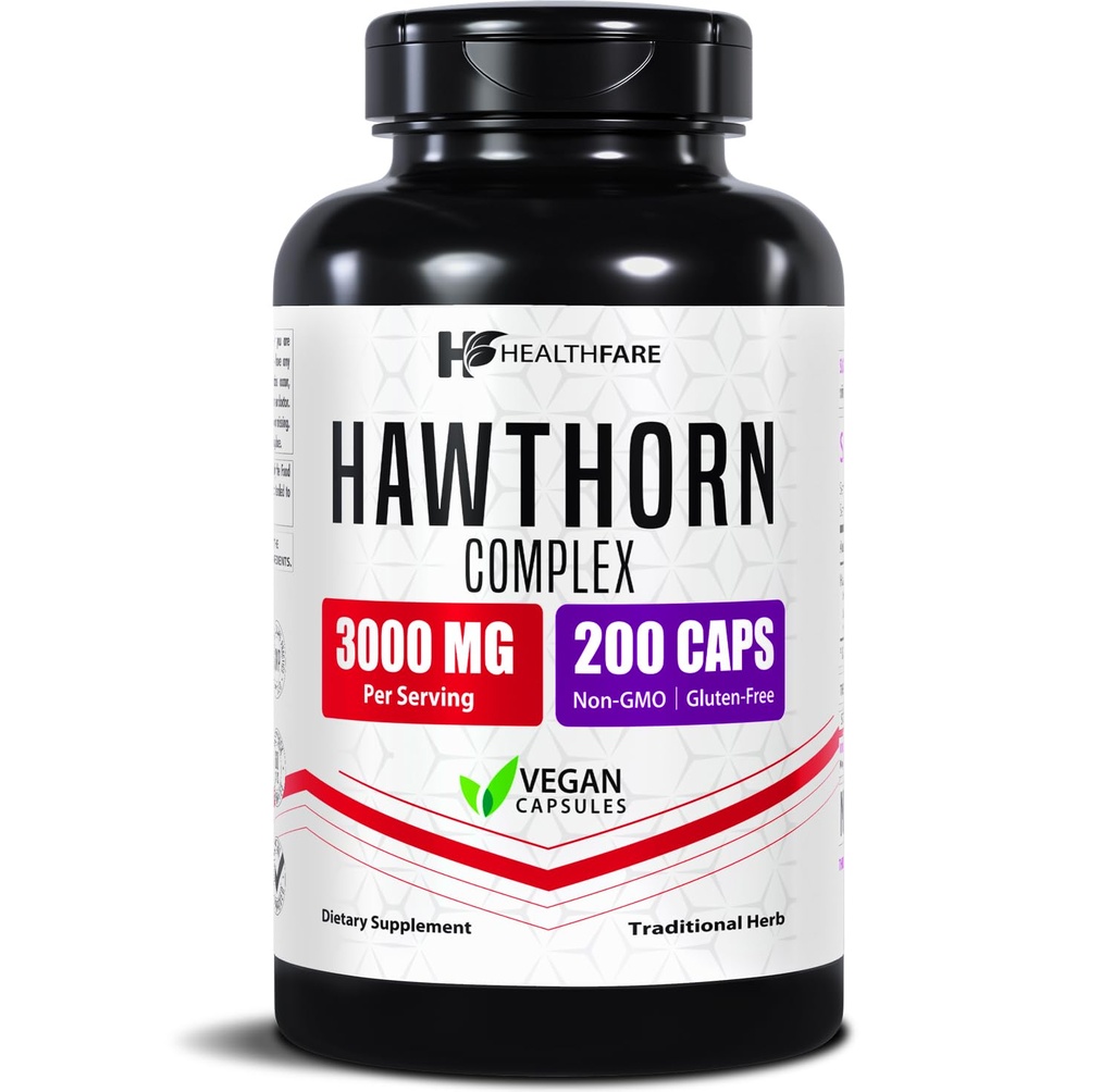 Healthfare Hawthorn Berry Supplement Extract 3000mg | Extra Strength Herbal Formel | 200 Vegan Capsules | Stöder Hjärta & Cirkulatorisk Hälsa | Icke-GMO, Gluten-Free | Tillverkad i USA