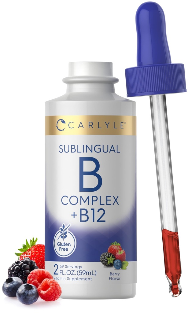 Carlyle Sublingual Vitamin B Complex | med B12 | 2 Fl Oz | Berry Flavor | Vegetarisk, icke-GMO och Gluten fri tillägg