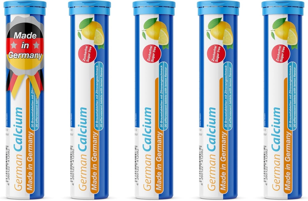 T&D German Calcium 500 mg - 100 Vegan Drink Effervescent Tablets - Lemon Lime Flavor - Tillverkad i Tyskland