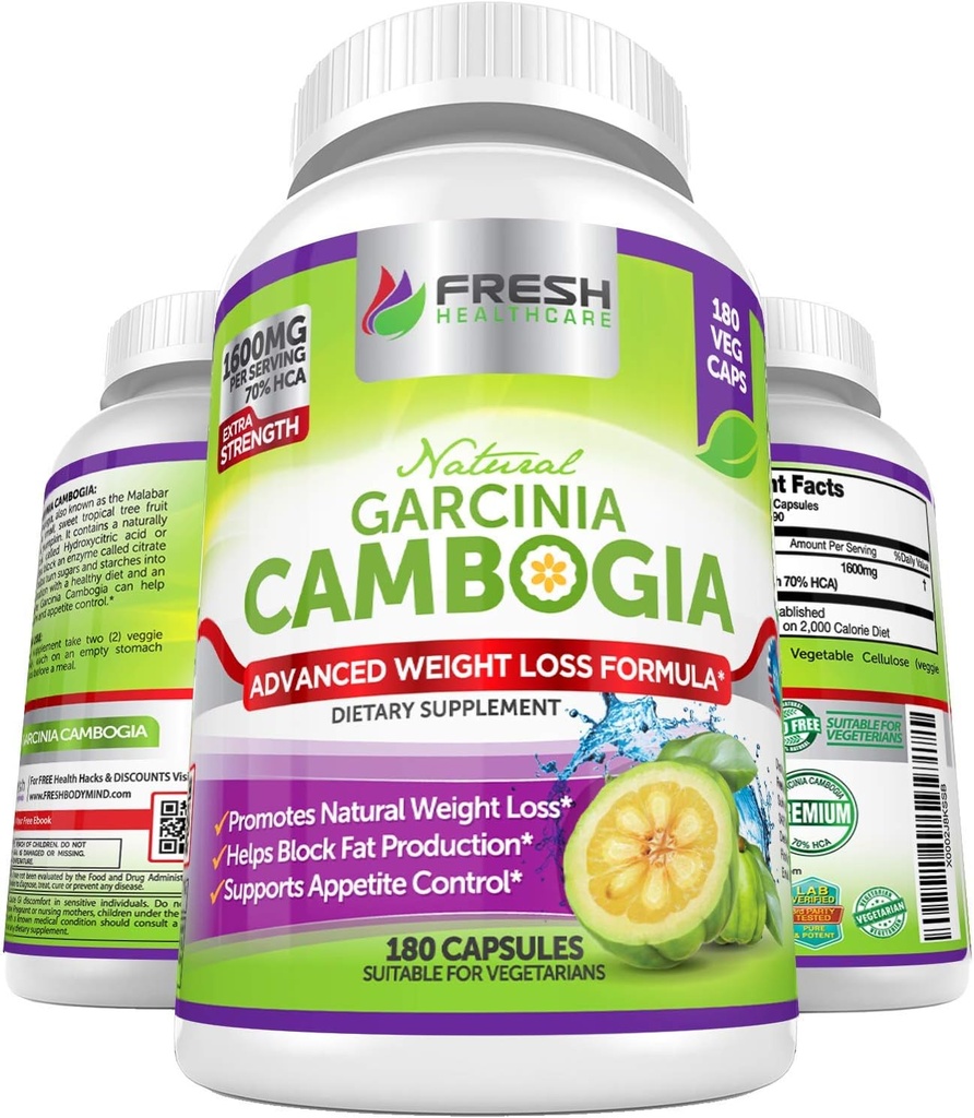 FRESH HEALTHCARE 100% Pure Garcinia Cambogia Extract - All Natural Appetite Suppressant & Weight Management Support - 180 kapslar