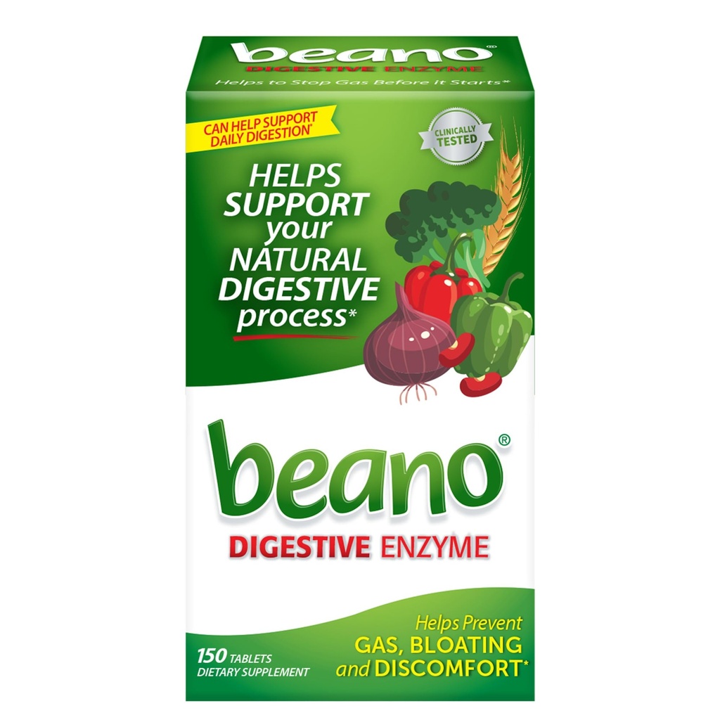 Beano Digestive Enzyme, förebyggande gashjälp för vuxna, hjälper till att förebygga gas och uppblåsthet, 150 tabletter