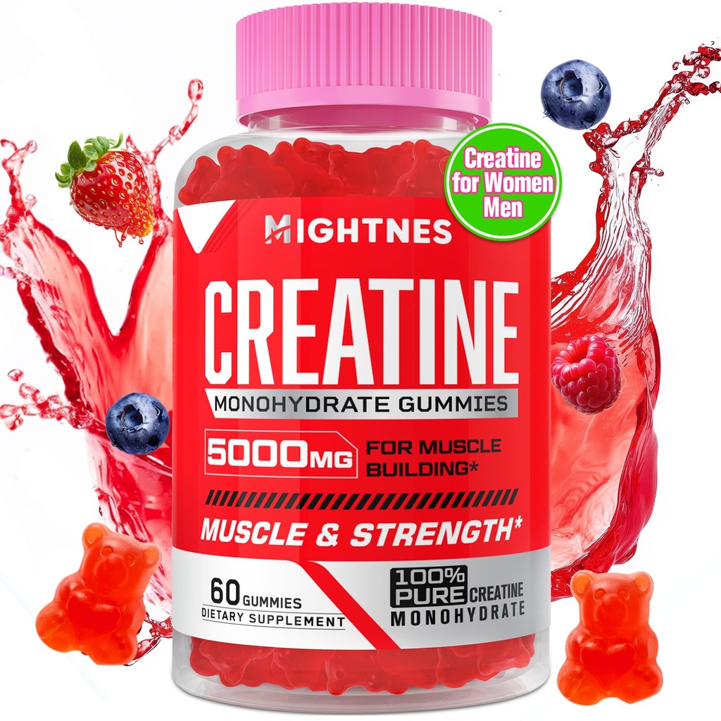 Kreatinmonohydrat Gummies för män och kvinnor - Kreatin Pre-Workout Gummies med taurin och vitamin B6 B12 för maximal styrka, muskel, energi, uthållighet och fokus, organisk, Vegan-60 Count
