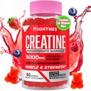 Kreatinmonohydrat Gummies för män och kvinnor - Kreatin Pre-Workout Gummies med taurin och vitamin B6 B12 för maximal styrka, muskel, energi, uthållighet och fokus, organisk, Vegan-60 Count