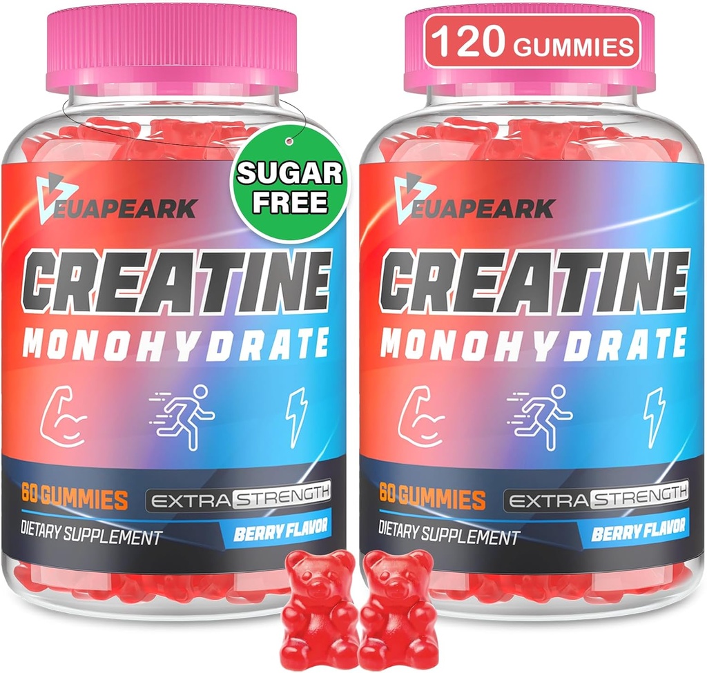 Kreatinmonohydrat Gummies, Pre-Workout Chewables Supplement för kvinnor och män, Kreatinmonohydrat med Taurin & B6 - för muskel, styrka, uthållighet och energi, Vegan (Berry, 120 Gummies)