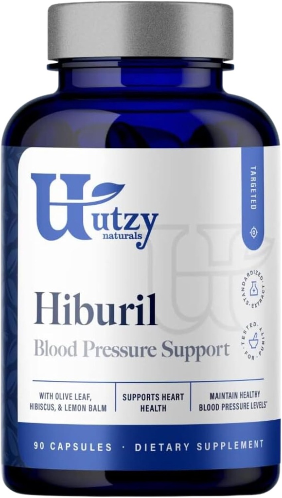 Utzy Naturals Hiburil | Blodtrycksstöd Formel | med Olive Leaf Extract, Hibiscus Extract, & Lemon Balm Extract | 90 kapslar